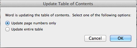 2011 word for mac - updating table of contents - not picking up new pages